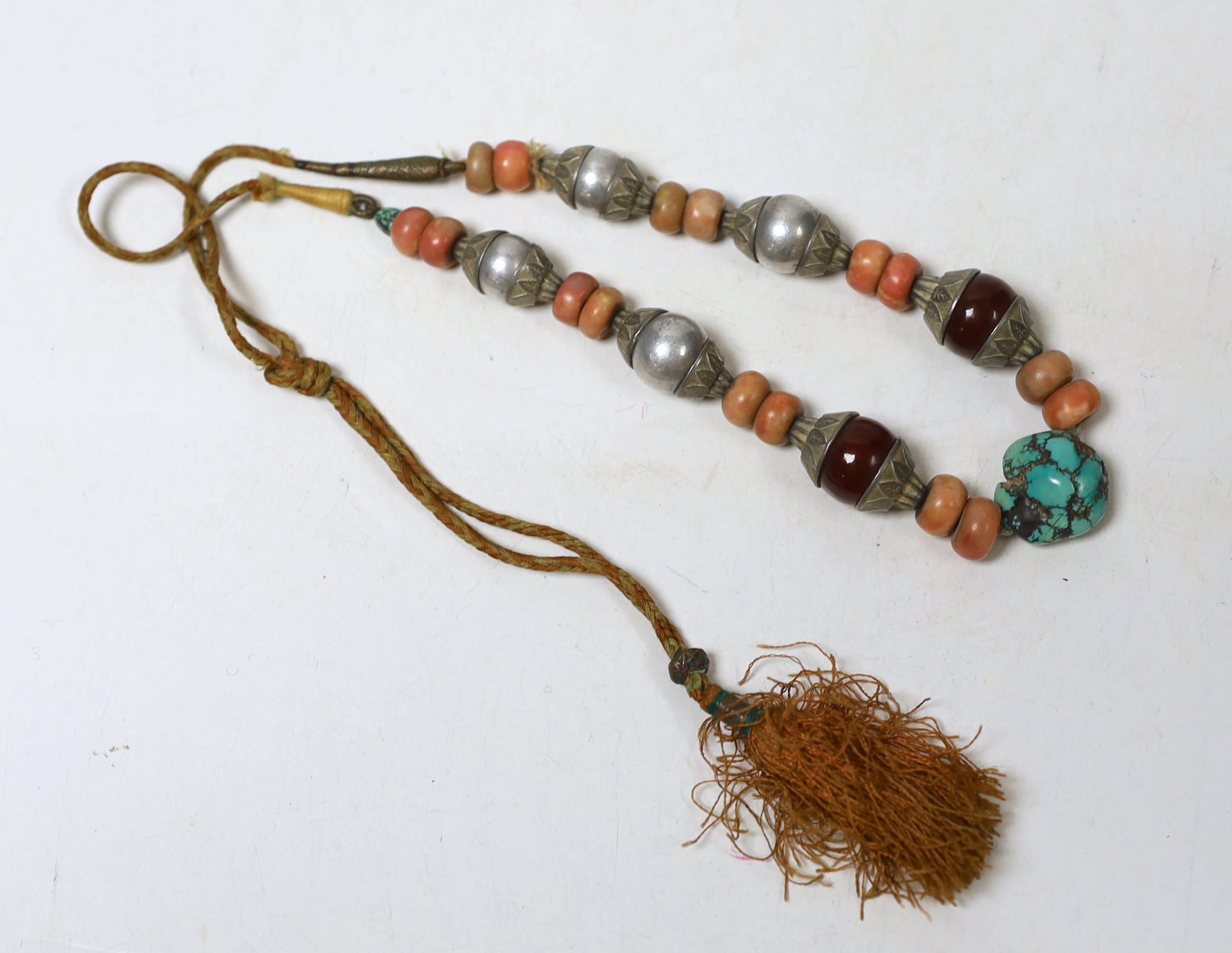 A Tibetan? white metal and multi bead set necklace, 54cm